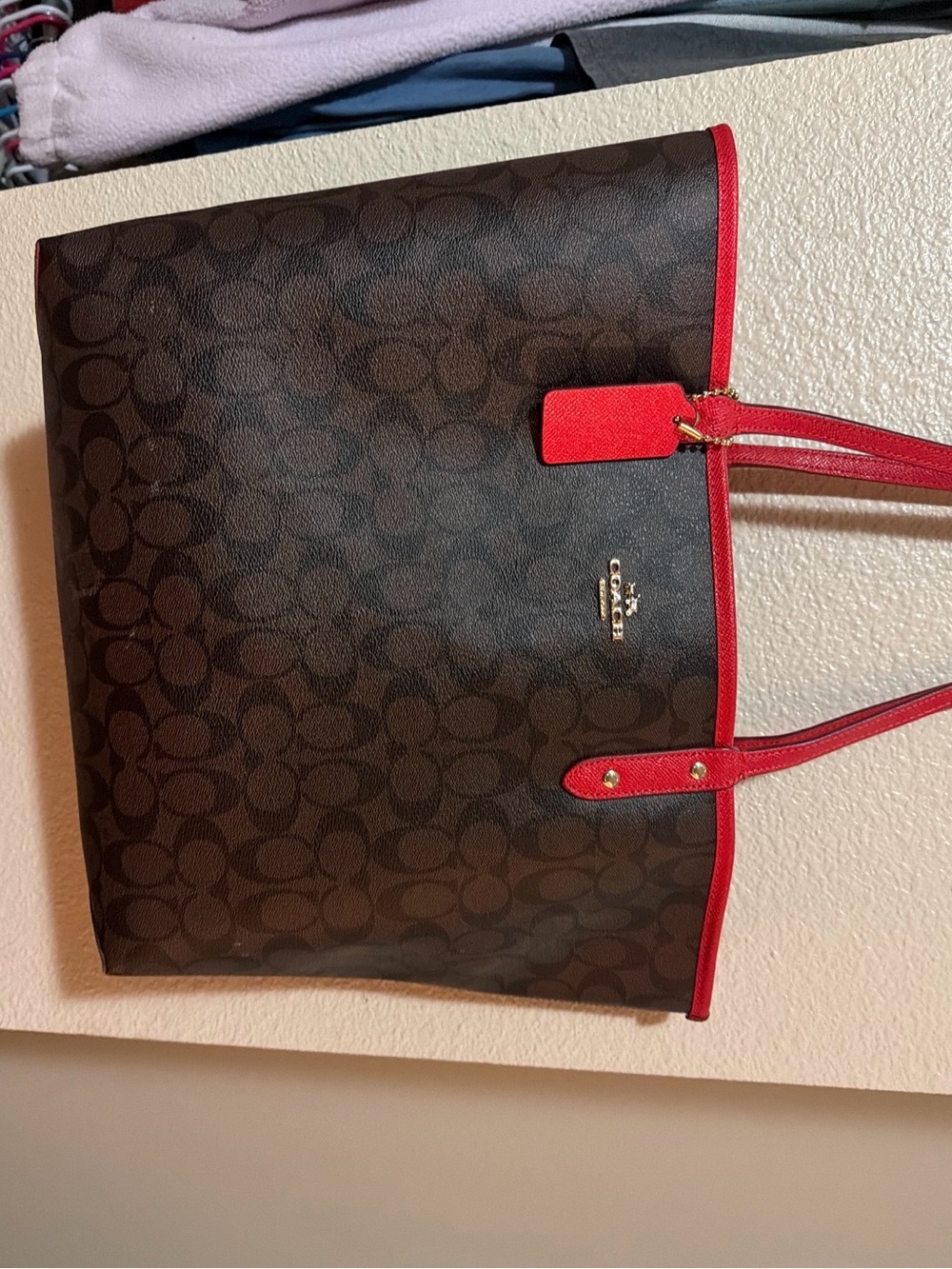 Coach Brown Signature Tote with Red Trim and Tag